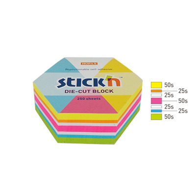 Notes autoadeziv Die-Cut - hexagon, 61 x 70 mm, 250 file, Stickn - 5 culori fluorescente