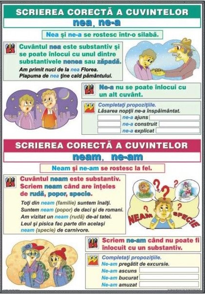 Ortografierea grupurilor: ne-a, nea si ne-am, neam - Scrierea cuvintelor cu consoane duble: cc si nn. Plansa DUO
