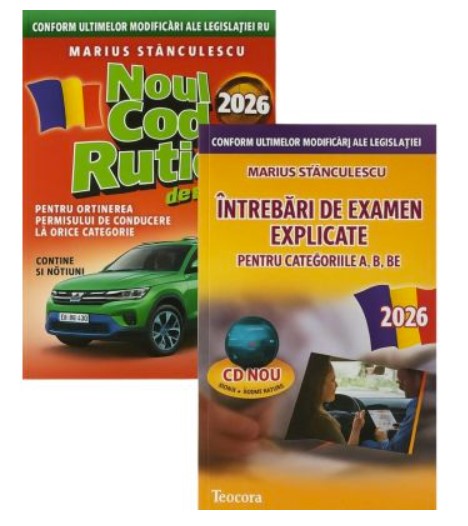 Pachet Legislatie rutiera 2026. Noul cod rutier si Intrebari de examen explicate pentru categoriile A, B, BE + CD (cod acces online)