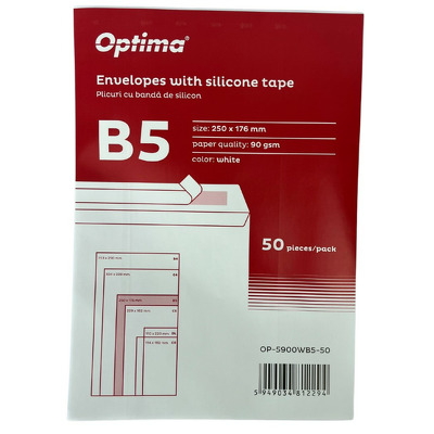 Plic B5 (250x176mm), lipire siliconica, 50 buc/set, Optima - alb