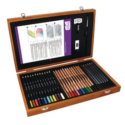 Set complet pentru schite si desen Academy, cutie din lemn, creioane colorate, acuarela si grafit