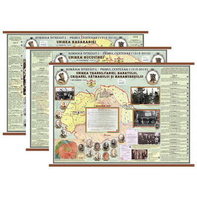 Set de 3 planse: Unirea Basarabiei. Unirea Bucovinei. Unirea Transilvaniei, Banatului, Crisanei, Satmarului si Maramuresului (1400x1000mm), cu sipci