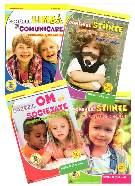 Set de 4 caiete pentru gradinita, nivel 5-6 ani. Domeniul, limba si comunicare, om si societate, stiinte (matematica), stiinte (cunoasterea mediului) - Editia, 2019