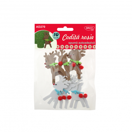 Set elemente craft din spuma autoadeziva codita rosie, model reni, 10 bucati, Daco