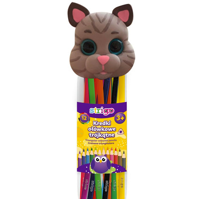 Strigo creioane colorate triunghiulare, 12 culori, lemn de tei, mina 3mm, cutie Pisicute