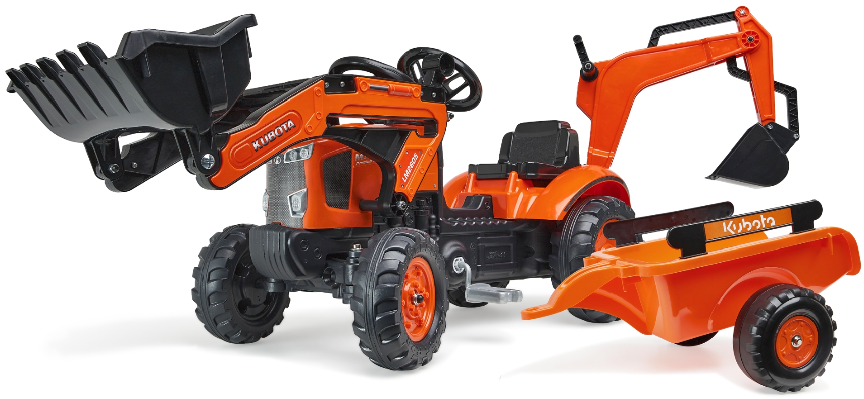 Tractor cu pedale, buldoexcavator Kubota cu excavator frontal si remorca cu excavator