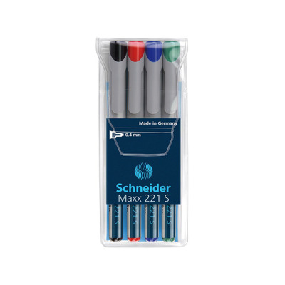 Universal non-permanent marker Schneider Maxx 221 S, varf 0.4mm, 4 culori/set - (N, R, A, V)