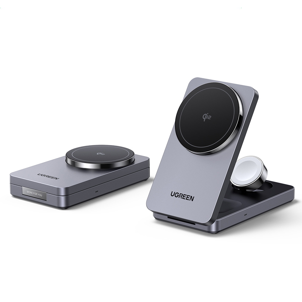 Wireless Charging Station W707 - cu incarcator de perete, pentru Apple Watch, iPhone, AirPods, Qi2, 25W, Gri
